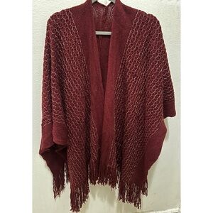 BCBG MAX AZRIA Knit Wrap Coat Shrug Scarf Poncho Burgundy Gold Details
